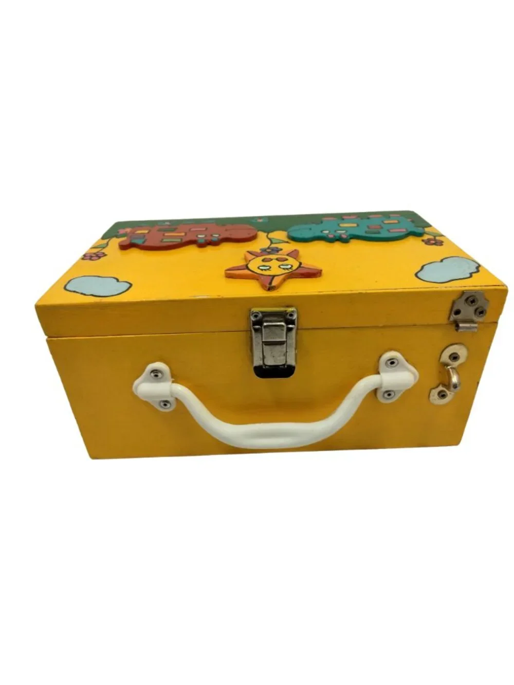 Hand Painted Wood Lunchbox Hippos Storage Box Handmade Yellow 3D